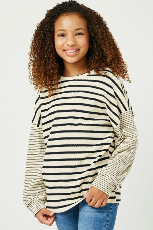 Girls Contrast Stripe Sleeve Textured Knit Top