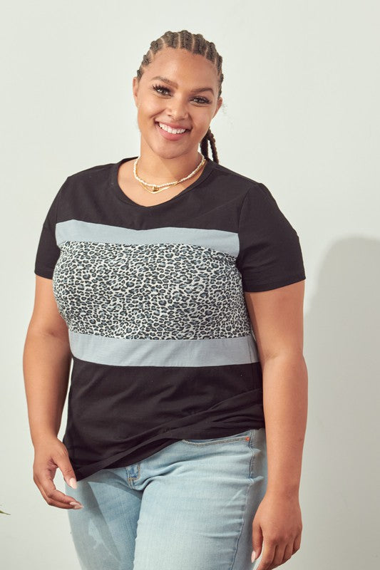 Curvy Striped Tee with Animal Print Contrast