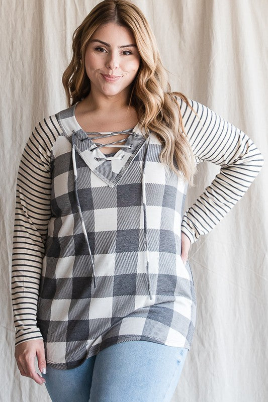 Plus Plaid Laced Up V-Neck