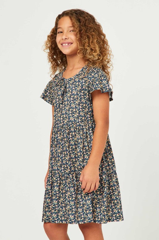 Girls Ditsy Floral Knit Tie Neck Dress