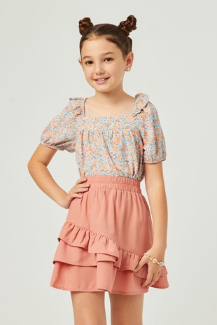 Girls Ditsy Floral Ruffled Squareneck Puff Sleeve Top