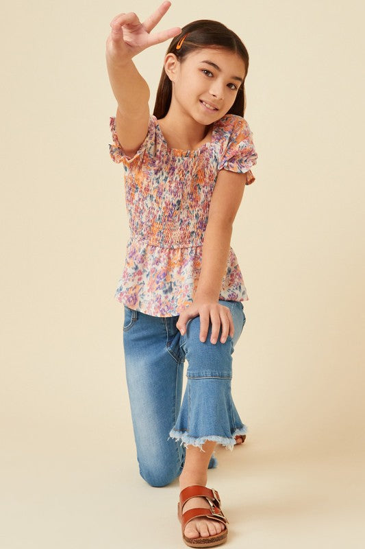 Girls Floral Puff Sleeve Smocked Top