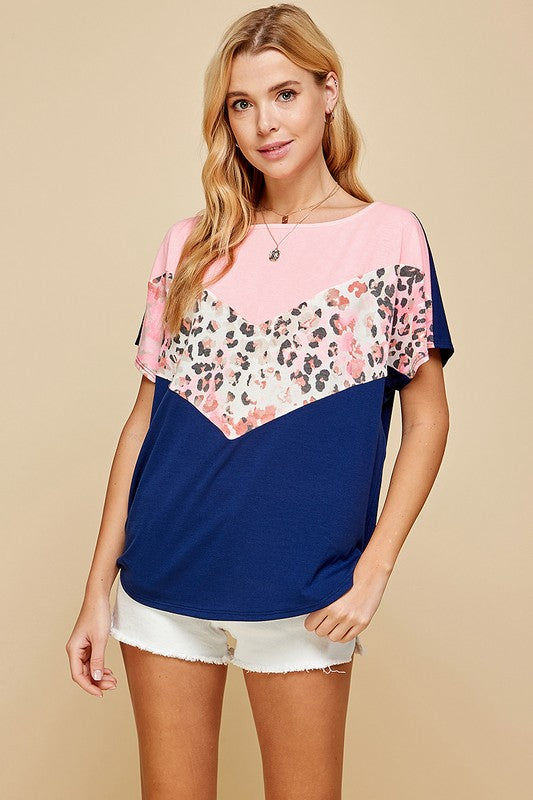 Neon Color Block and Animal Print Contrast Casual Top