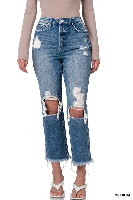 Zenana High Rise Straight Distressed Crop Jeans