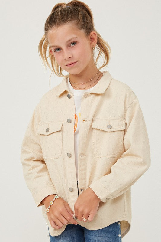 Girls Distressed Detail Button Up Shacket