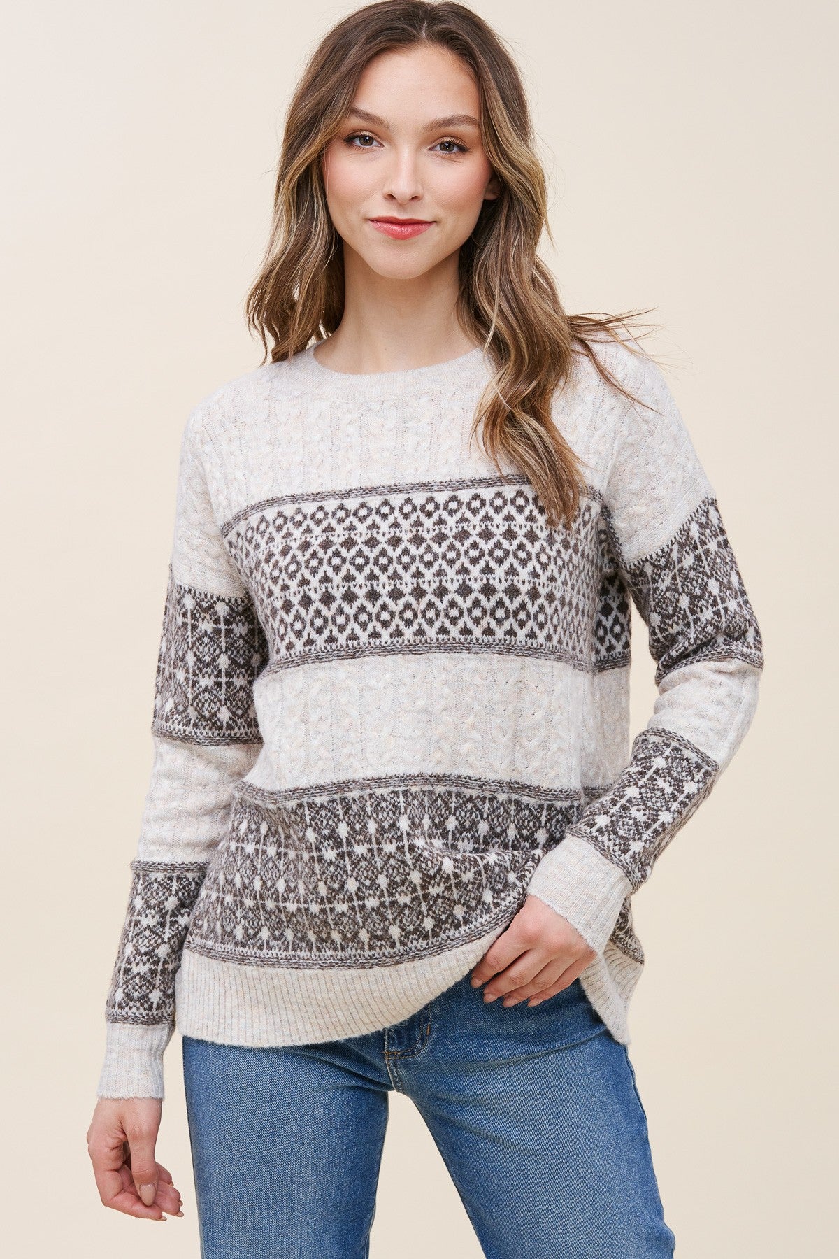 Geo Patterned Cable Knit Sweater