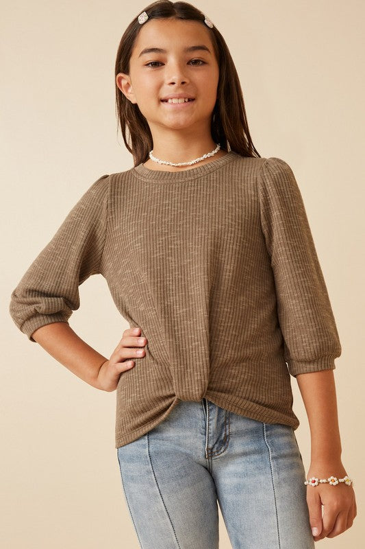 Girls Ribbed Knit 3/4 Sleeve Twist Front Top