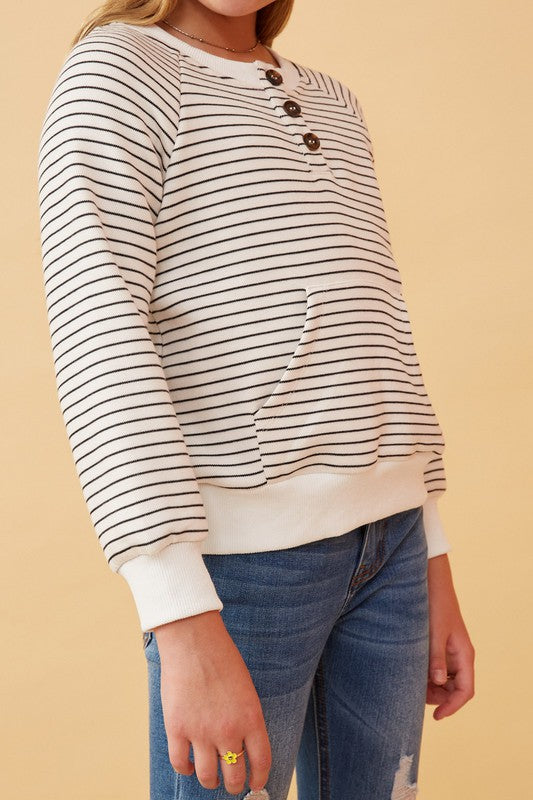 Striped Kangaroo Pocket Knit Long Sleeve Henley