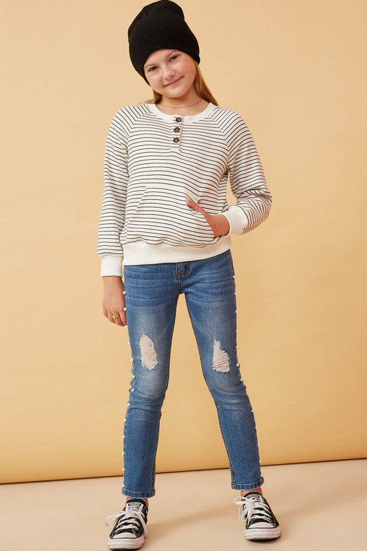 Striped Kangaroo Pocket Knit Long Sleeve Henley