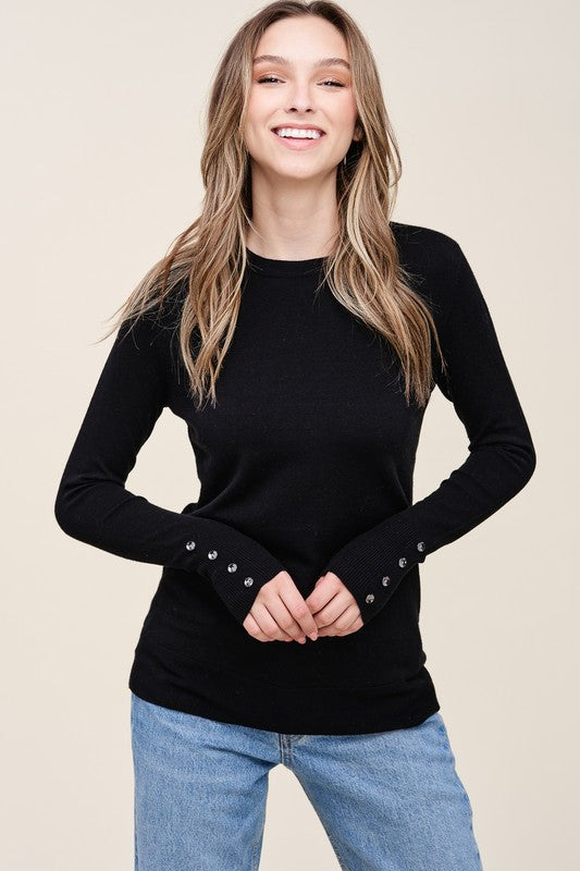Crewneck Sweater with Button Cuffs