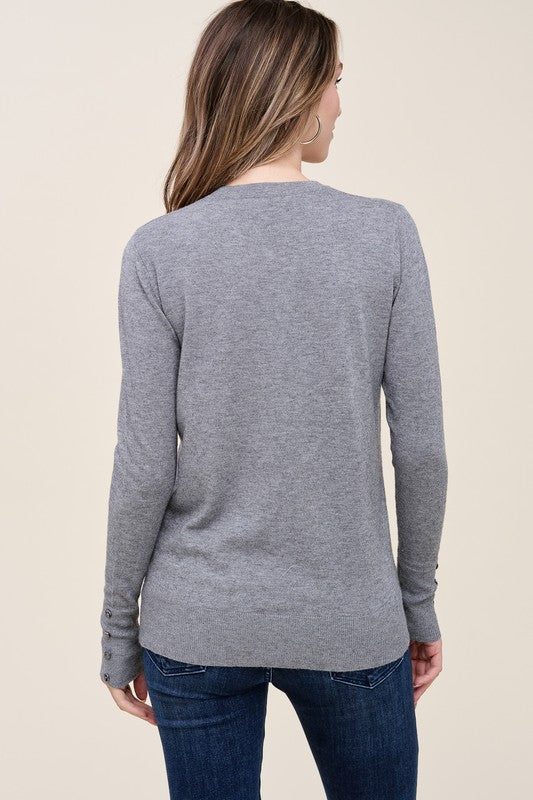 Crewneck Sweater with Button Cuffs