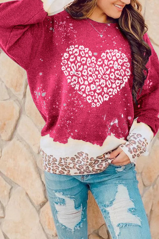 Red Leopard Heart Graphic Pullover Sweatshirt