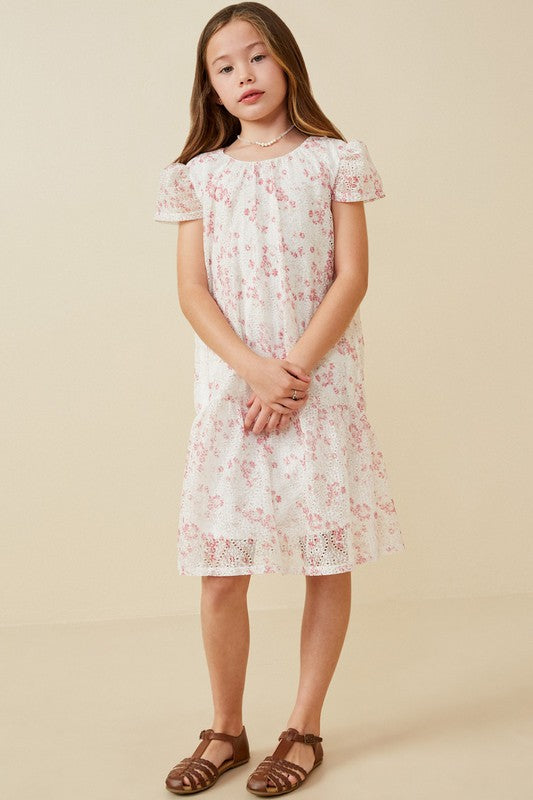 Girls Floral Eyelet Lace Tiered Cap Sleeve Dress