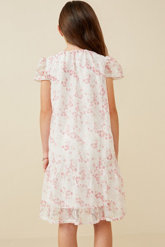 Girls Floral Eyelet Lace Tiered Cap Sleeve Dress