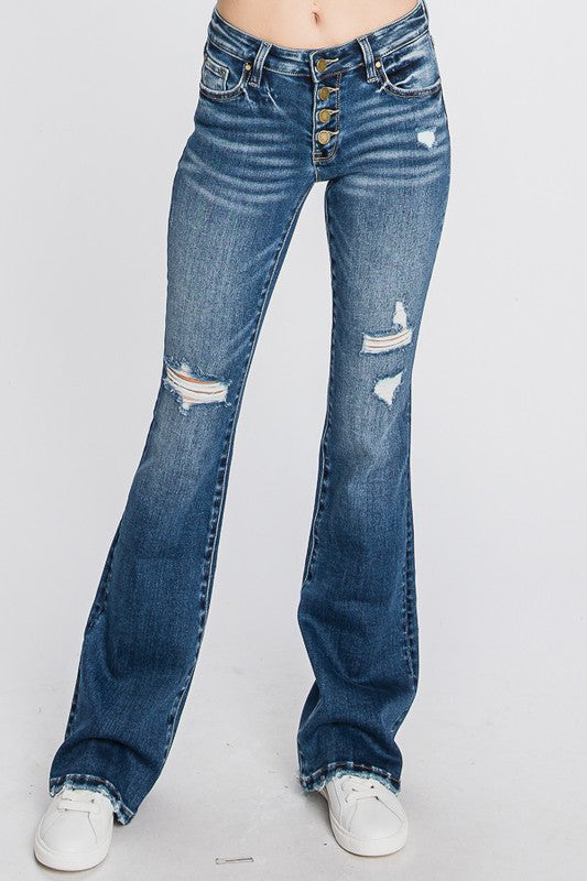 Petra Distressed Button Fly Low Rise Flare Jeans