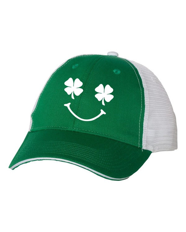 Smiley Shamrock on our Green/White Mesh Back Trucker Hat