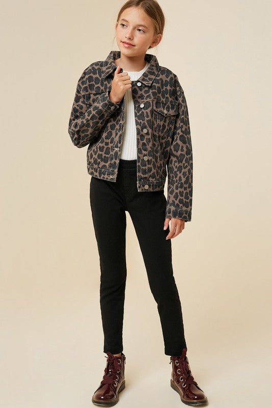 Girls Stonewash Leopard Denim Jacket