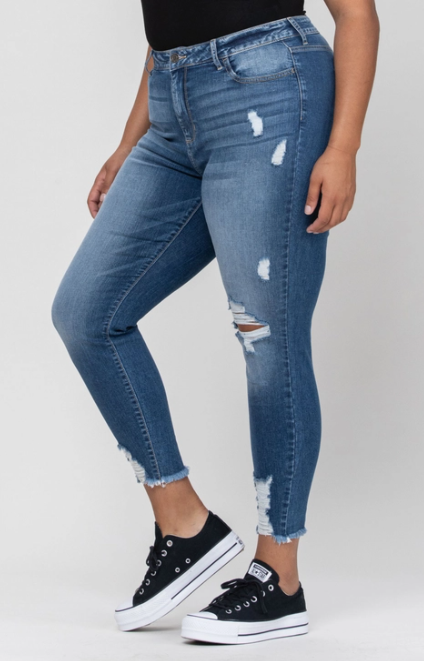 Plus Size Mid Rise Distressed Fray Hem Jeans