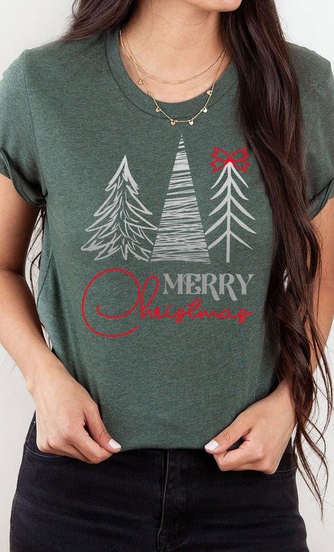 Merry Christmas Silver Trees Red Bow Plus Size Tee