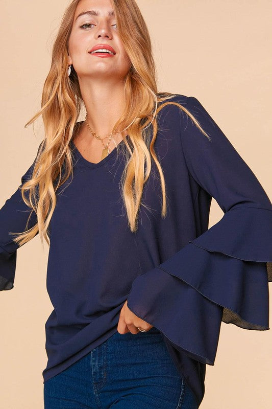 V Neck Tiered Ruffle Sleeves Blouse