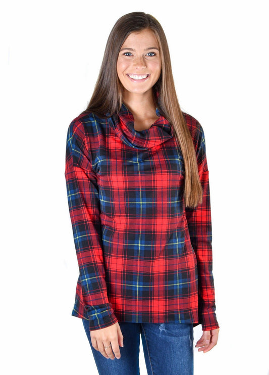 Red Plaid French Terry Funnel Neck